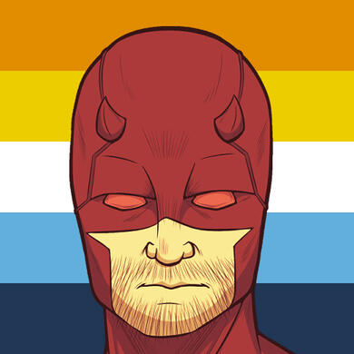 A headshot of Daredevil in the red mask from the comics. The aroace flag is in the background.